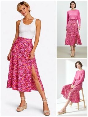 J. CREW Floral Crepe Midi Skirt Flowy Fit and Flare Silhouette Side Slit Pull-On